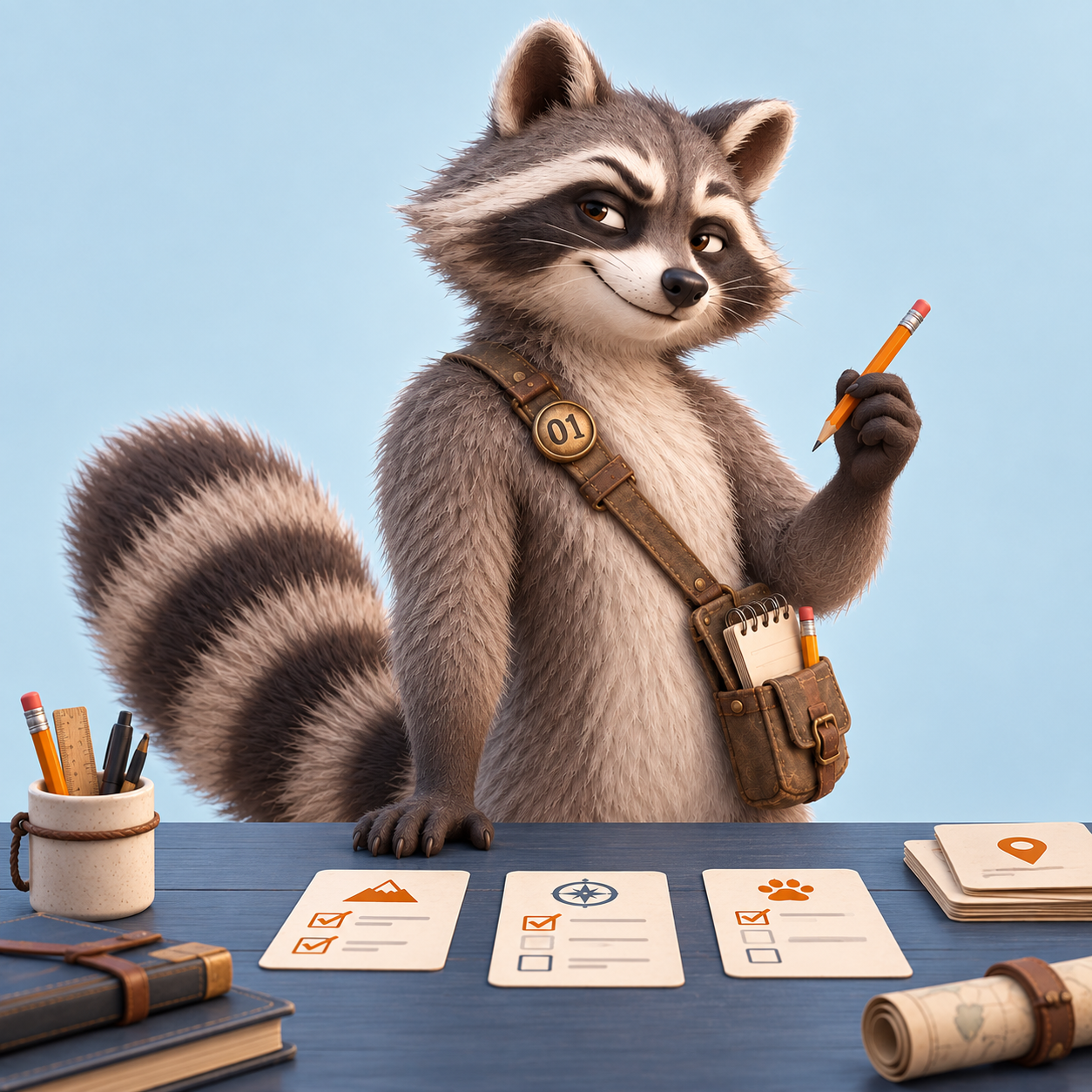 Your raccoon planning the day with a pencil and task cards